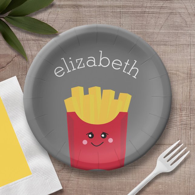 Niedliche Kawaii Fries mit Individuelle Name Pappteller (Personalized party plate with area for name - french fries)