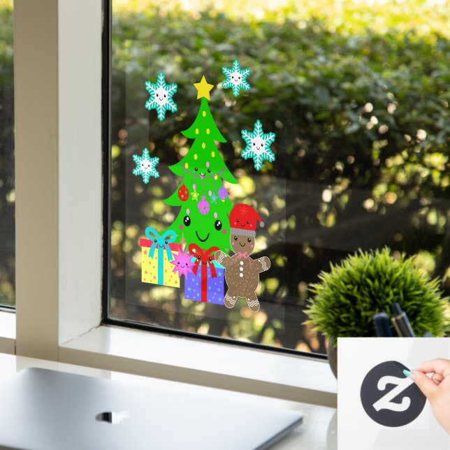 Niedliche Kawaii Gesicht Weihnachtsbaum Szene 8x11 Fensteraufkleber (Büro)