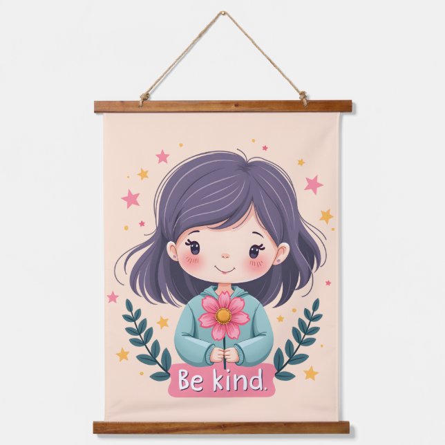 Niedliche Kawaii-Illustration "Be Kind" - Großarti Wandteppich Mit Holzrahmen (Vorderseite)