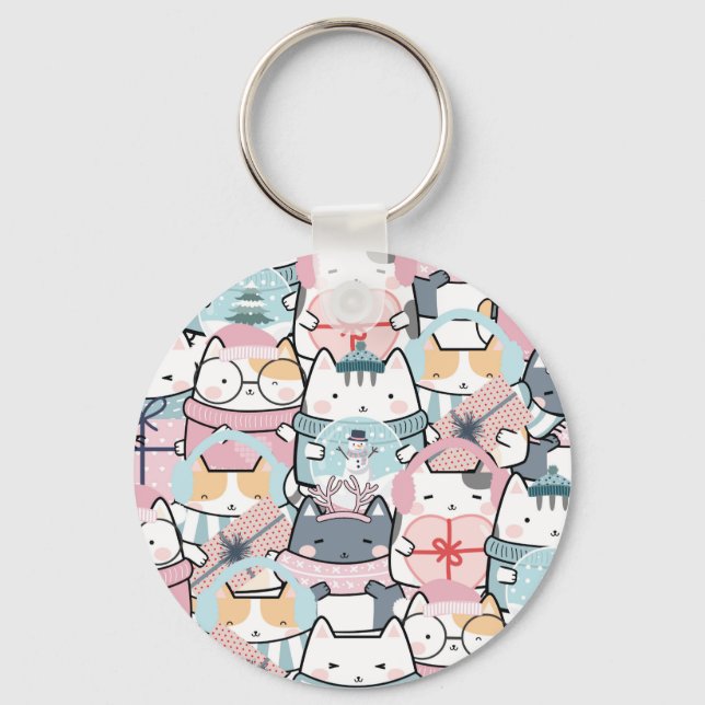 Niedliche Kawaii-Kätzchen im Winter und Snowglobe Schlüsselanhänger (Vorderseite)