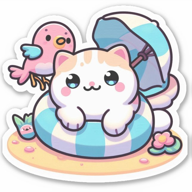 Niedliche Kawaii-Katze am Strand Aufkleber (Vorderseite)