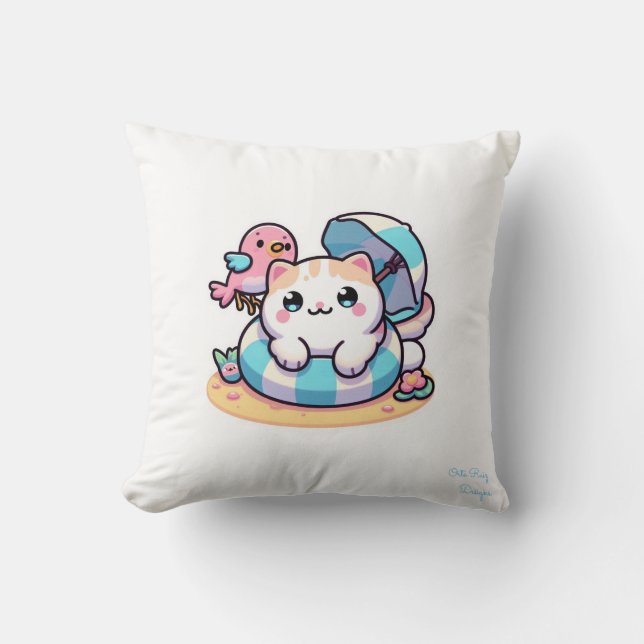 niedliche Kawaii Katze am Strand Throw Kissen (Vorderseite)