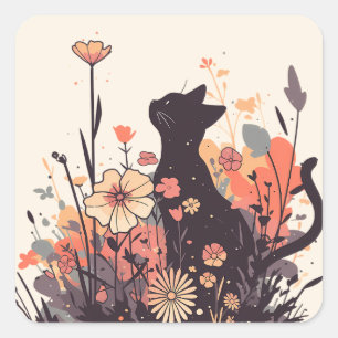 Niedliche Kawaii Katze im Feld voller Blume Quadratischer Aufkleber