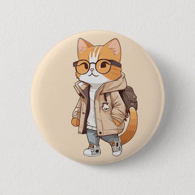 Niedliche Kawaii Katze im stilvollen Outfit Button (Vorderseite)