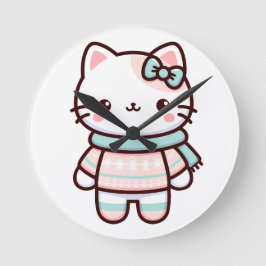 Niedliche Kawaii-Katze im Sweater Runde Wanduhr