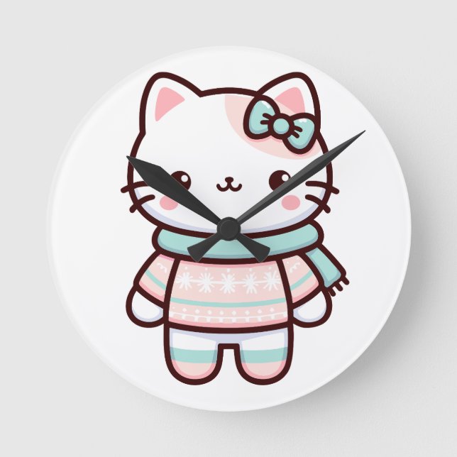 Niedliche Kawaii-Katze im Sweater Runde Wanduhr (Vorderseite)