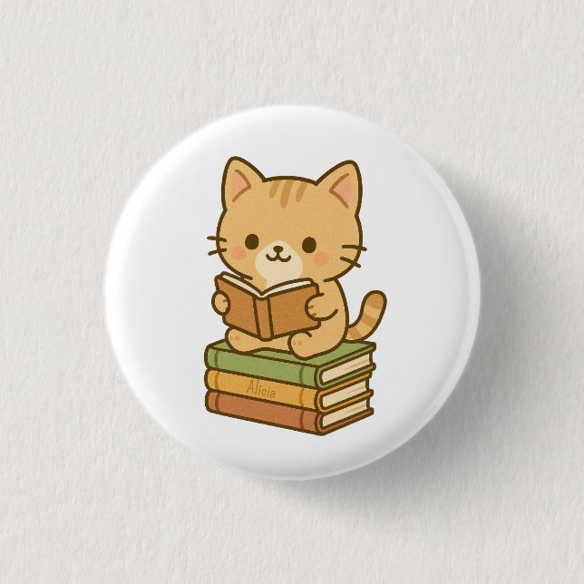 Niedliche Kawaii Katze Lesen eines Buches Button (Vorderseite)