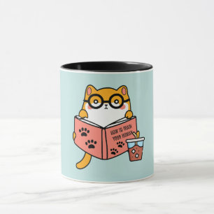 Niedliche Kawaii-Katze liest ein Buch Tasse