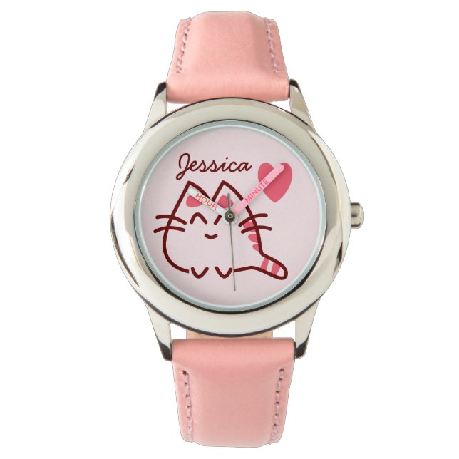Niedliche Kawaii Katze und Herz Personalisiert Armbanduhr (Vorderseite)