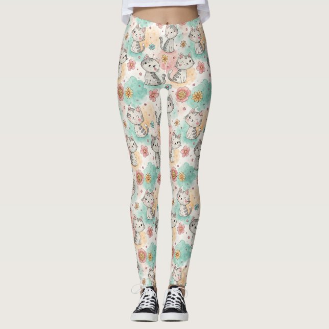Niedliche Kawaii Katzen Kätzchen Pastellfarben Mus Leggings (Vorderseite)