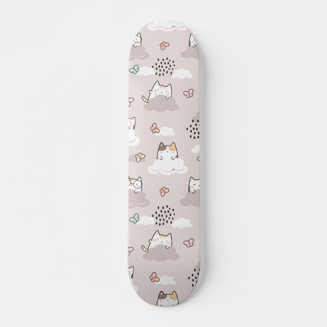 Niedliche Kawaii Katzen mit Wolken und Schmetterli Skateboard (Vorne)
