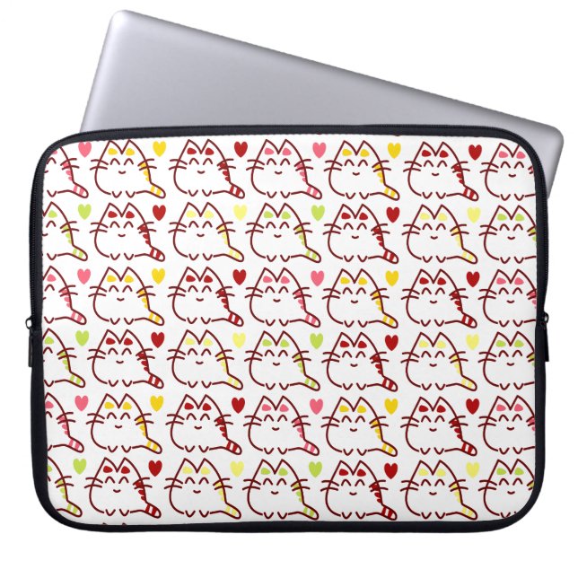 Niedliche Kawaii-Katzen und Herzmuster Laptopschutzhülle (Vorderseite)