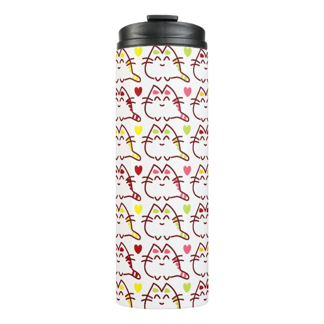 Niedliche Kawaii-Katzen und Herzmuster Thermosbecher (Vorderseite)