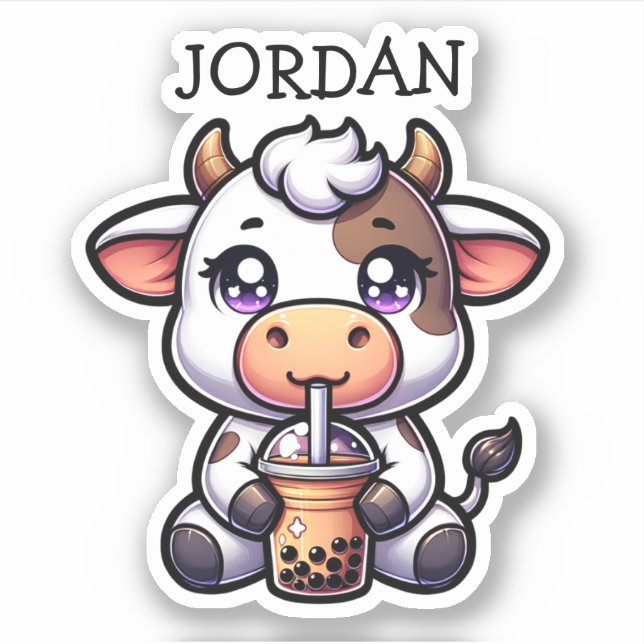 Niedliche Kawaii Kuh mit Bubble Tee Personalisiert Aufkleber (Vorderseite)