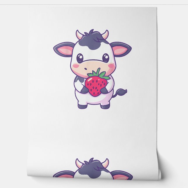 Niedliche Kawaii-Kuh mit Erdbeeren Adortable Rinde Tapete (Abrollen)