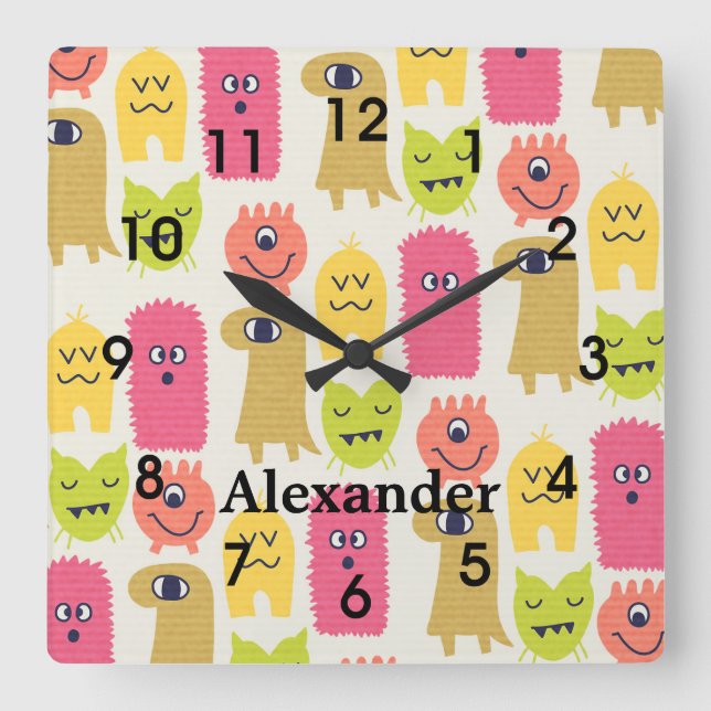 Niedliche Kawaii Monsters Kinderzimmer Wall Clock Quadratische Wanduhr (Vorderseite)