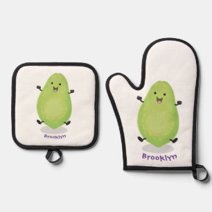 Niedliche Kawaii Papaya Pw Pfow Cartoon-Abbildung Ofenhandschuh & Topflappen-Set