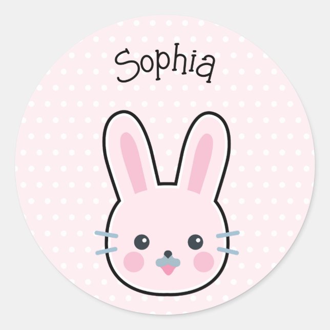 Niedliche Kawaii Pink Bunny und Polka Dots Runder Aufkleber (Vorderseite)