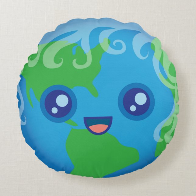 Niedliche Kawaii Planeten-Erde Rundes Kissen (Vorderseite)