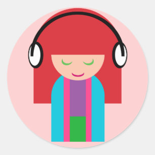 Niedliche Kawaii Redhead Girl Musik hören Runder Aufkleber