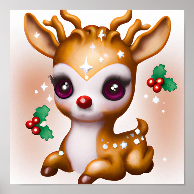 Niedliche Kawaii Reindeer mit Holly und Glitzer Poster (Vorne)