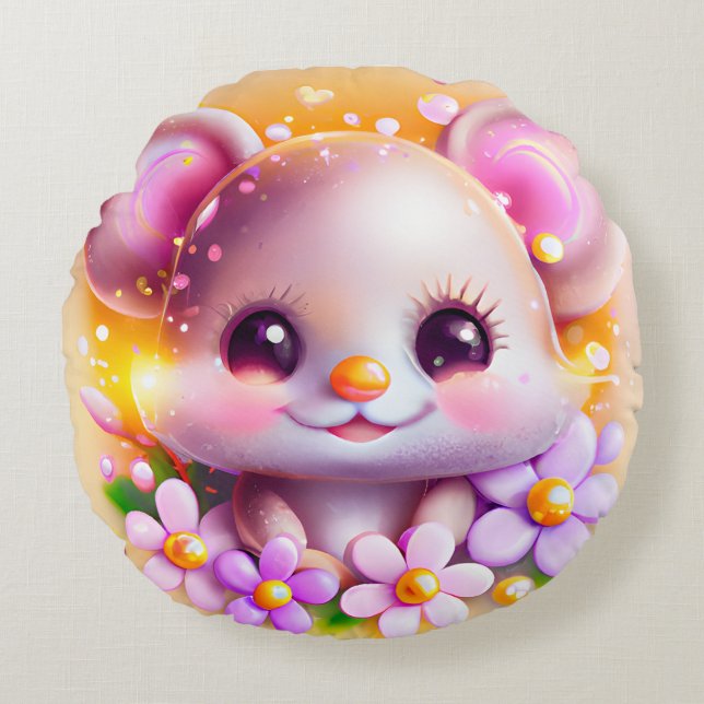 Niedliche Kawaii-Rosa-Maus Rundes Kissen (Vorderseite)