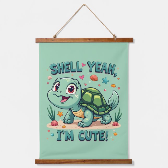 Niedliche Kawaii-Schildkröte mit Funny Puan Ocean  Wandteppich Mit Holzrahmen (Vorderseite)