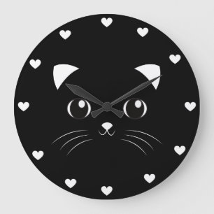 Niedliche Kawaii Schwarze Katze Kontur Große Wanduhr