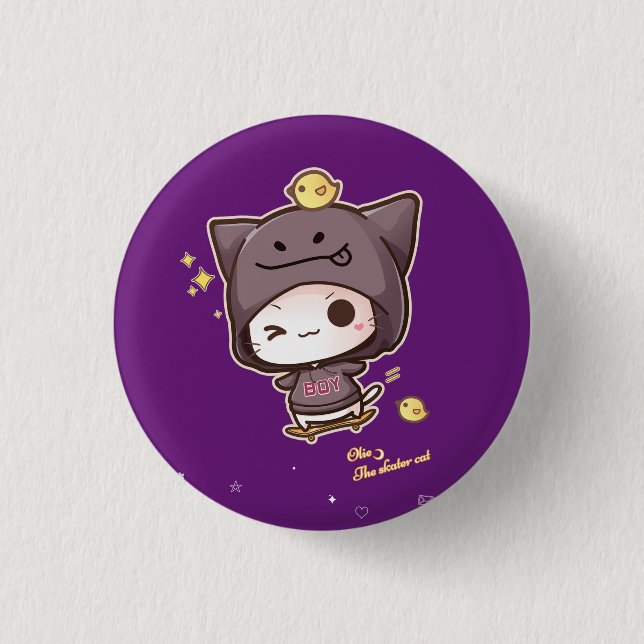 Niedliche kawaii Skater-Katze tragender Hoodie Button (Vorderseite)
