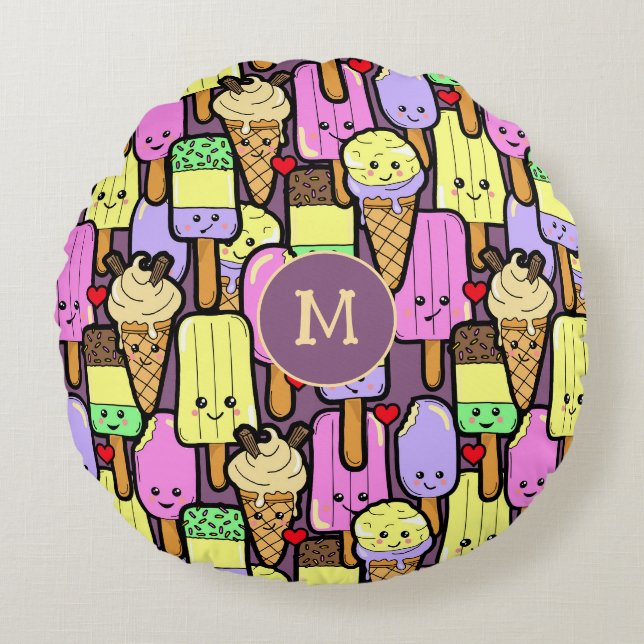 Niedliche Kawaii Summer Popsicles Monogram Rundes Kissen (Vorderseite)
