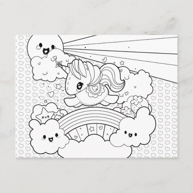 Niedliche Kawaii Sunny Unicorn Farbübersicht Postkarte (Vorderseite)