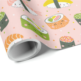Niedliche Kawaii Sushi auf hellrosa Geschenkpapier