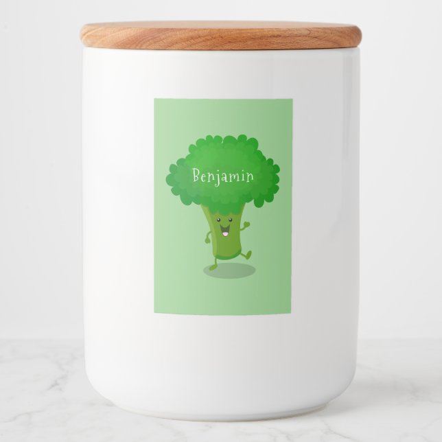 Niedliche Kawaii tanzende Broccoli Cartoon-Abbildu Lebensmitteletikett (Vorderseite)