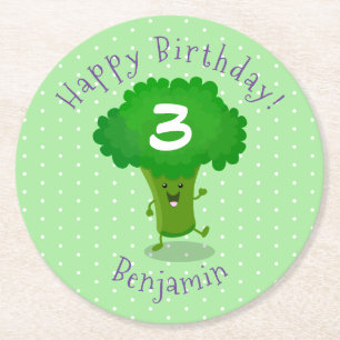 Niedliche Kawaii tanzende Broccoli Cartoon-Abbildu Runder Pappuntersetzer