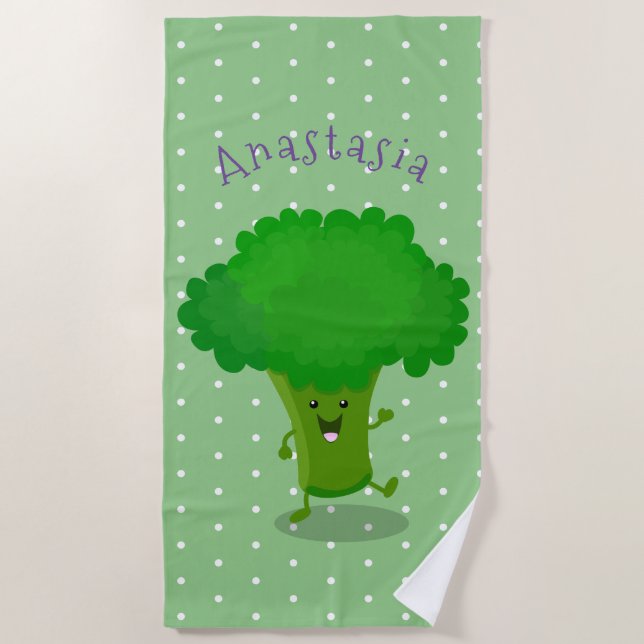 Niedliche Kawaii tanzende Broccoli Cartoon-Abbildu Strandtuch (Vorderseite)
