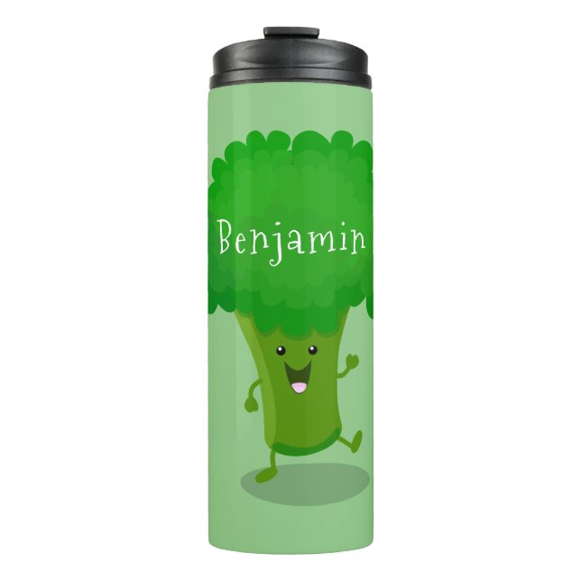 Niedliche Kawaii tanzende Broccoli Cartoon-Abbildu Thermosbecher (Vorderseite)