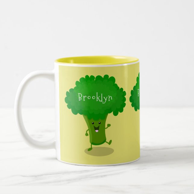 Niedliche Kawaii tanzende Broccoli Cartoon-Abbildu Zweifarbige Tasse (Links)