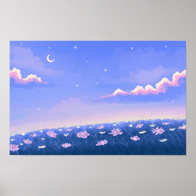 Niedliche kawaii Tapete mit Nachtgarten Poster (Vorne)