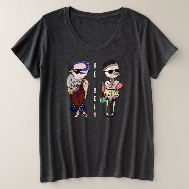 Niedliche Kawaii-Vögel, die Kleidung tragen: Fett  Große Größe T-Shirt (Design vorne)