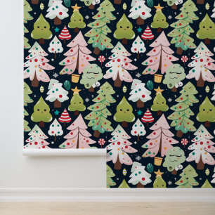 Niedliche Kawaii Weihnachtsbäume Nahtloses Muster Tapete
