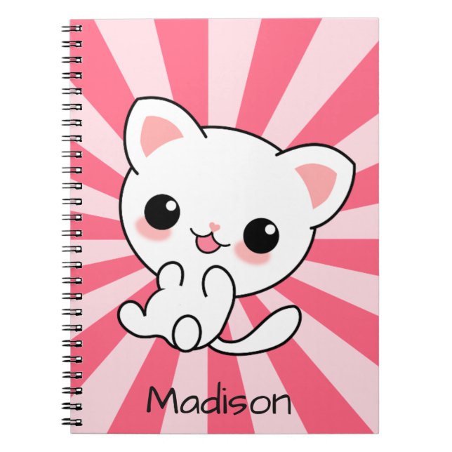 Niedliche Kawaii Weiße Katze Personalisiert Rosa Notizblock (Vorderseite)