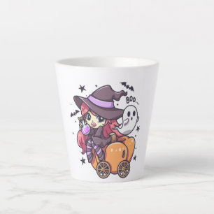 Niedliche Kid Hexe sitzend auf einem Kürbisauto Milchtasse