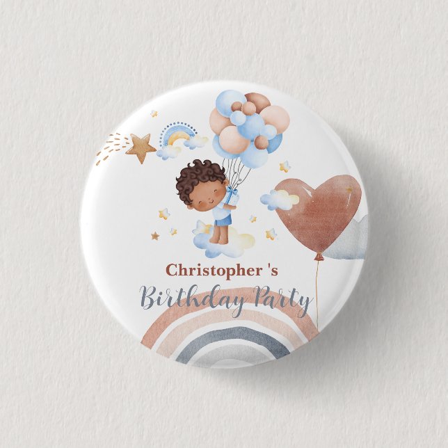 Niedliche Kids Balloon African American Buben Gebu Button (Vorderseite)
