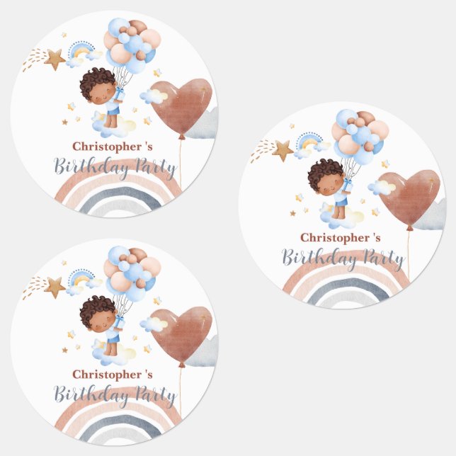 Niedliche Kids Balloon African American Buben Gebu Etiketten (Gruppe)