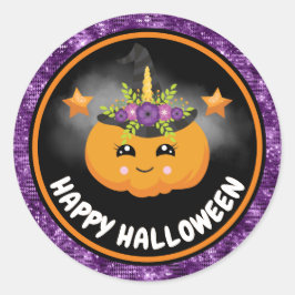 Niedliche Kids Pumpkin & Lila Glitzer Happy Hallow Runder Aufkleber