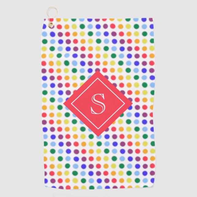 Niedliche Kids Red Rainbow Dots Monogramm Golfhandtuch (Vorderseite)