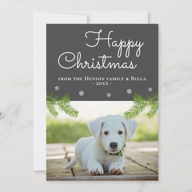 Niedliche Kiefernzweige Snowflake Dog Foto Karte (Vorderseite)