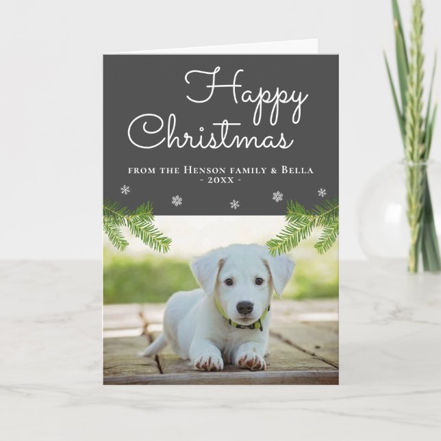 Niedliche Kiefernzweige Snowflake Dog Foto Karte (Vorderseite)