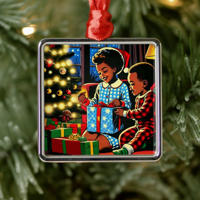 Niedliche Kinder am Weihnachtsmorgen Ornament Aus Metall (Baum)