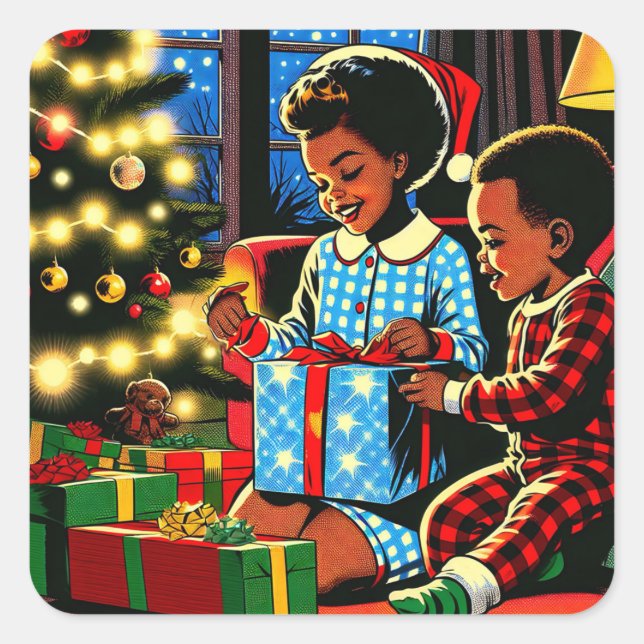 Niedliche Kinder am Weihnachtsmorgen Quadratischer Aufkleber (Vorderseite)